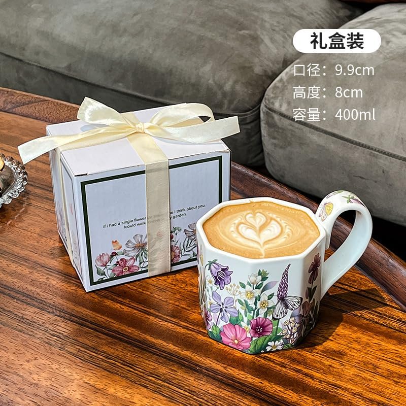 Ceramic Coffee Mug with Handle Vintage, Floral Cute Octagonal Espresso Cups, Large Tea Cups and Drinking Mugs for Office and Home, Ideal Gifts for Women and Men (Purple 400ml) - Image 2