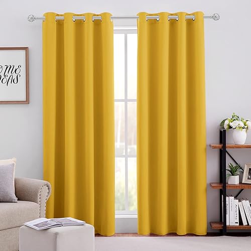 HOMEIDEAS Mustard Yellow Blackout Curtains for Bedroom 52 X 96 Inch Long 2 Panels Set Room Darkening Curtains/Drapes, Soundproof Thermal Grommet Window Curtains for Living Room