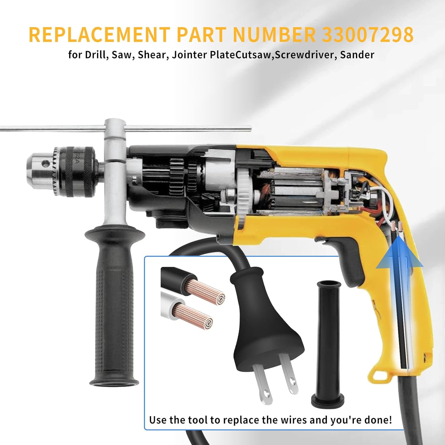 33007298 Power Cord 10FT for DeWalt DW100 DW101 DW120K D26453 DW130 DW236 DW400 etc Drill Shearer Polisher Electric Tools Replacemnt Cord 2 Wire 18 Gauge