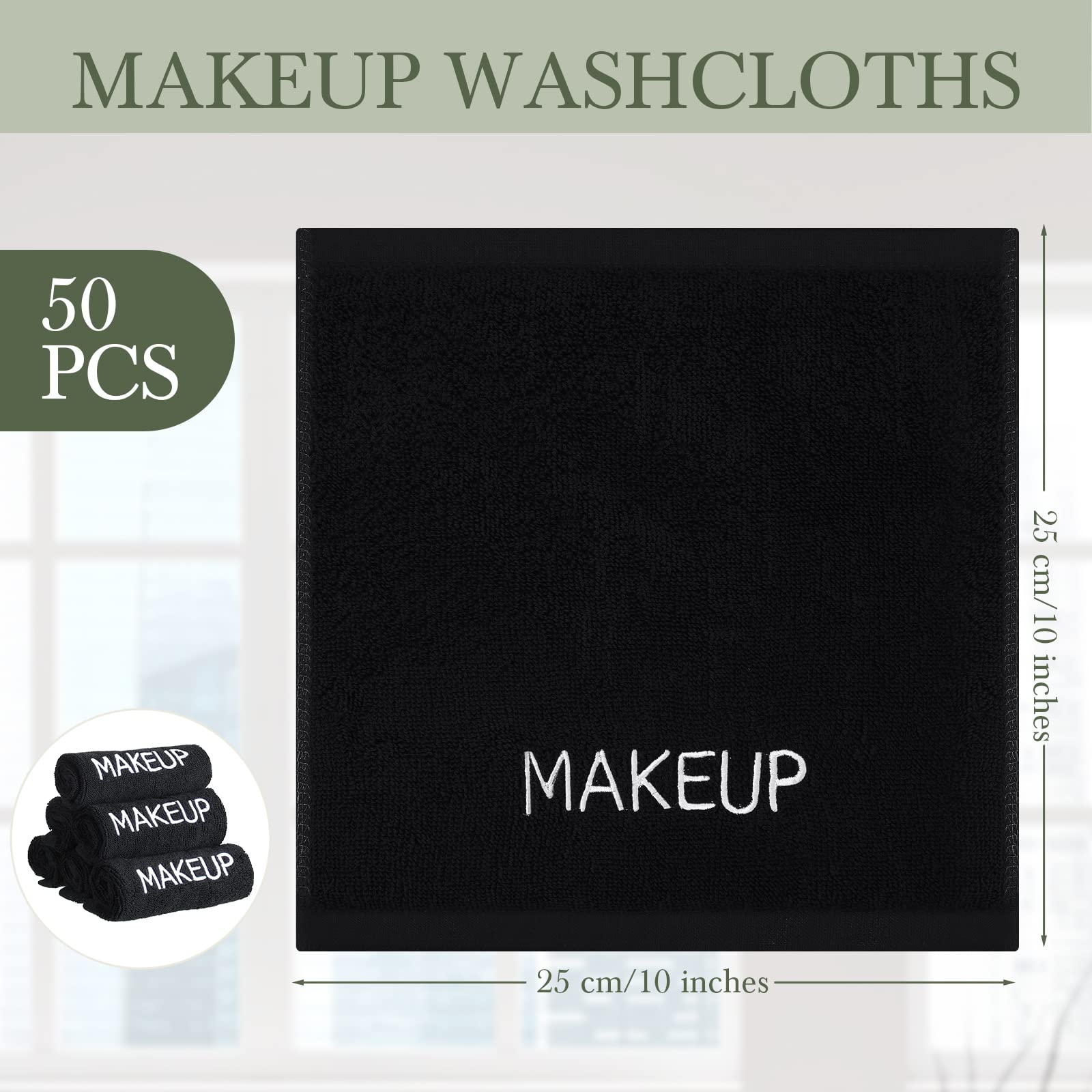 50 Pieces Makeup Washcloths Cotton Makeup Remover Towels Black Cosmetic Face Towel Absorbent Makeup Soft Facial Towels for Women Girls Face Cleansing Skin Care Gifts, 9.8 x 9.8 Inch