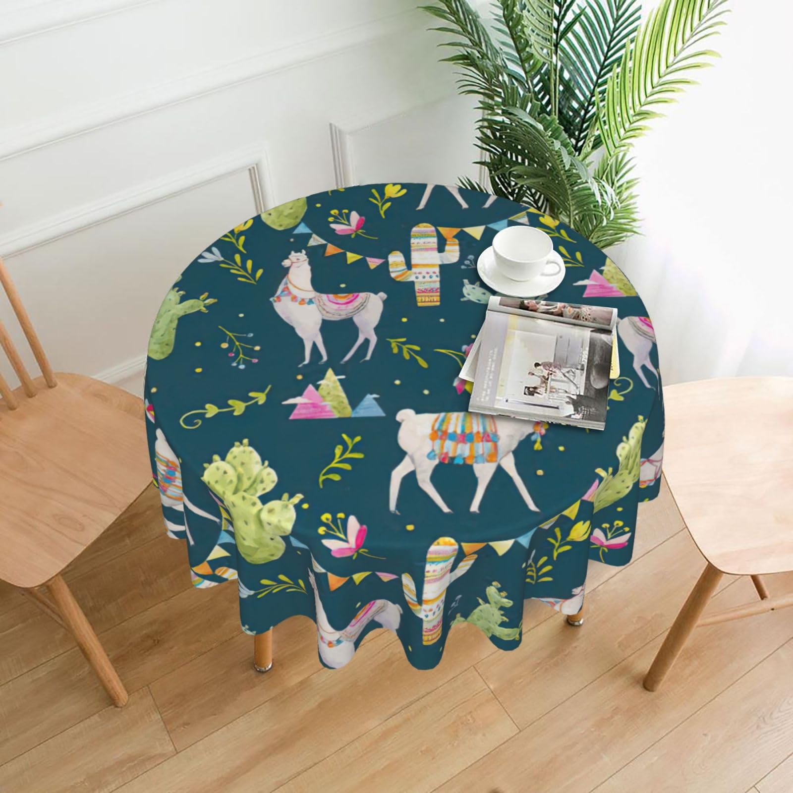 Uusnwaa Llama Animal Alpaca Tropical Cactus Print Round Tablecloth 60 Inch, Stain Wrinkle Resistant Washable Polyester Table Cover For Kitchen Party