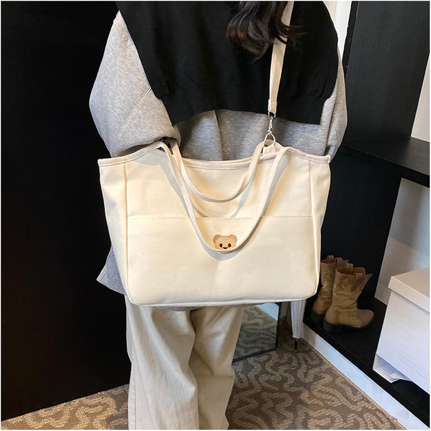 Cotton Diaper Bag Large Capacity Maternity Bag with Embroidered Bear Designs Multifunctional Mom Shoulder Bag for Travel