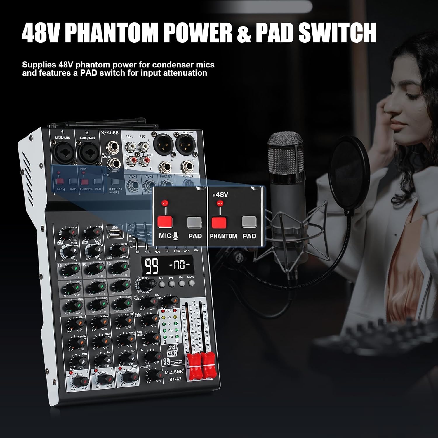 Audio Mixer 4 Channel with Dual Microphones, Pro 99DSP Sound Music Console DJ Mixing Board with 7-band EQ, USB, Bluetooth, 48V Phantom Power & PAD Function for Recording PA Live Live Streaming