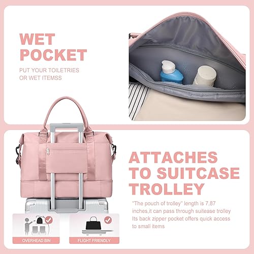 Miniatura 7 de Bolsas de fin de semana para mujer, bolsas de viaje con compartimento para zapatos, Rosado, Bolsa de viaje+neceser