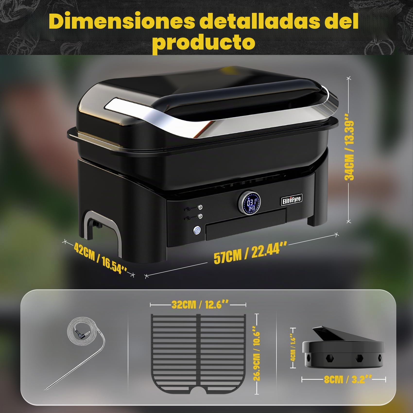Volteq Smart Barbacoa Eléctrica, 343°C Potencia de Asador en 20 Min, Parrilla de Sobremesa con Sonda de Carne, 1720 cm², Multifunción 6 en 1 para Balcón y Terraza, Acabado Esmaltado