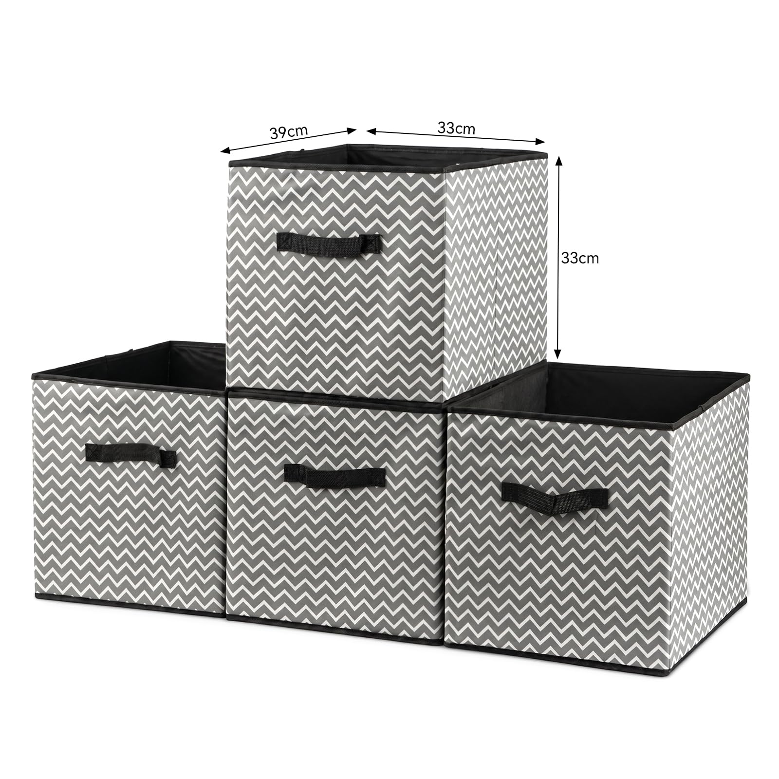 Stoff-Aufbewahrungsbox 4er-Set 33x38x33 cm – Faltbare Aufbewahrungskisten mit Griffen, Organizer für Schrank, Regal, Schublade, Kleiderschrank, Mehrfarbig (Grau mit großen Pfeilen)