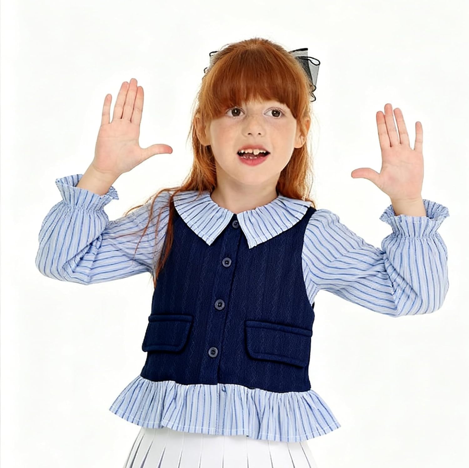 Girls Striped Button Down Shirt Long Sleeve Peter Pan Collar Blouse 2-8Y