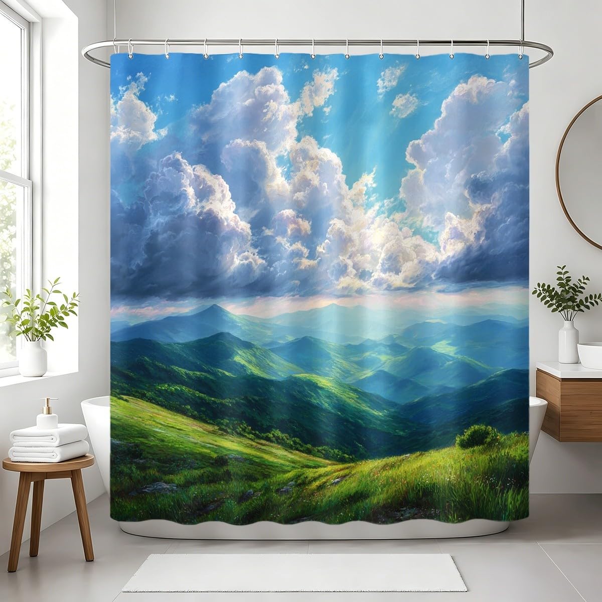 Blu Verde Tenda da Doccia 240x200 cm Poliestere Antimuffa e Lavabile | Cielo Azzurro Montagne Paesaggio Impermeabile Facile da Pulire Asciugatura Rapida per Vasca da Bagno e Box Doccia