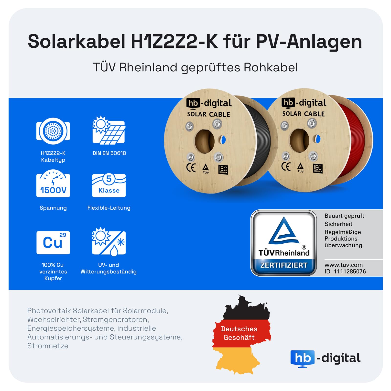 HB-Digital 30m Cavo solare 6mm2 H1Z2Z2-K 1500V d per pannelli solari cavo di prolunga solare fotovoltaico singolo flessibile