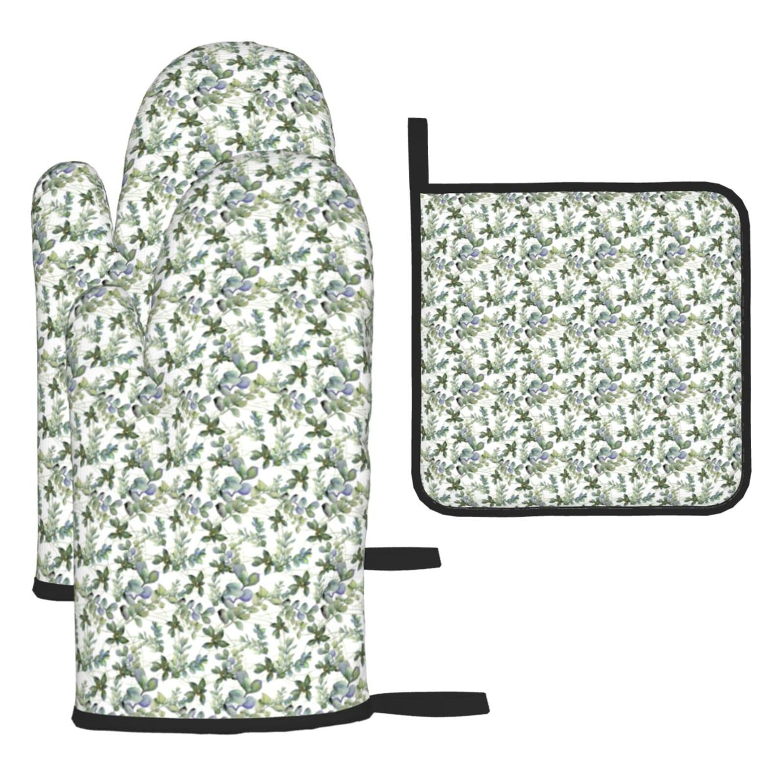 Green Eucalyptus Leaves Print Oven Set Kitchen Gloves Baking Grilling Microwaving Cooking Gift Everyday Holiday