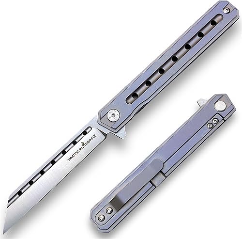 TACTICAL GEARZ Cuchillo plegable de bolsillo de titanio para EDC! Mango de titanio sólido Tc4. Hoja tanto de acero D2 (Onyx Midnight)