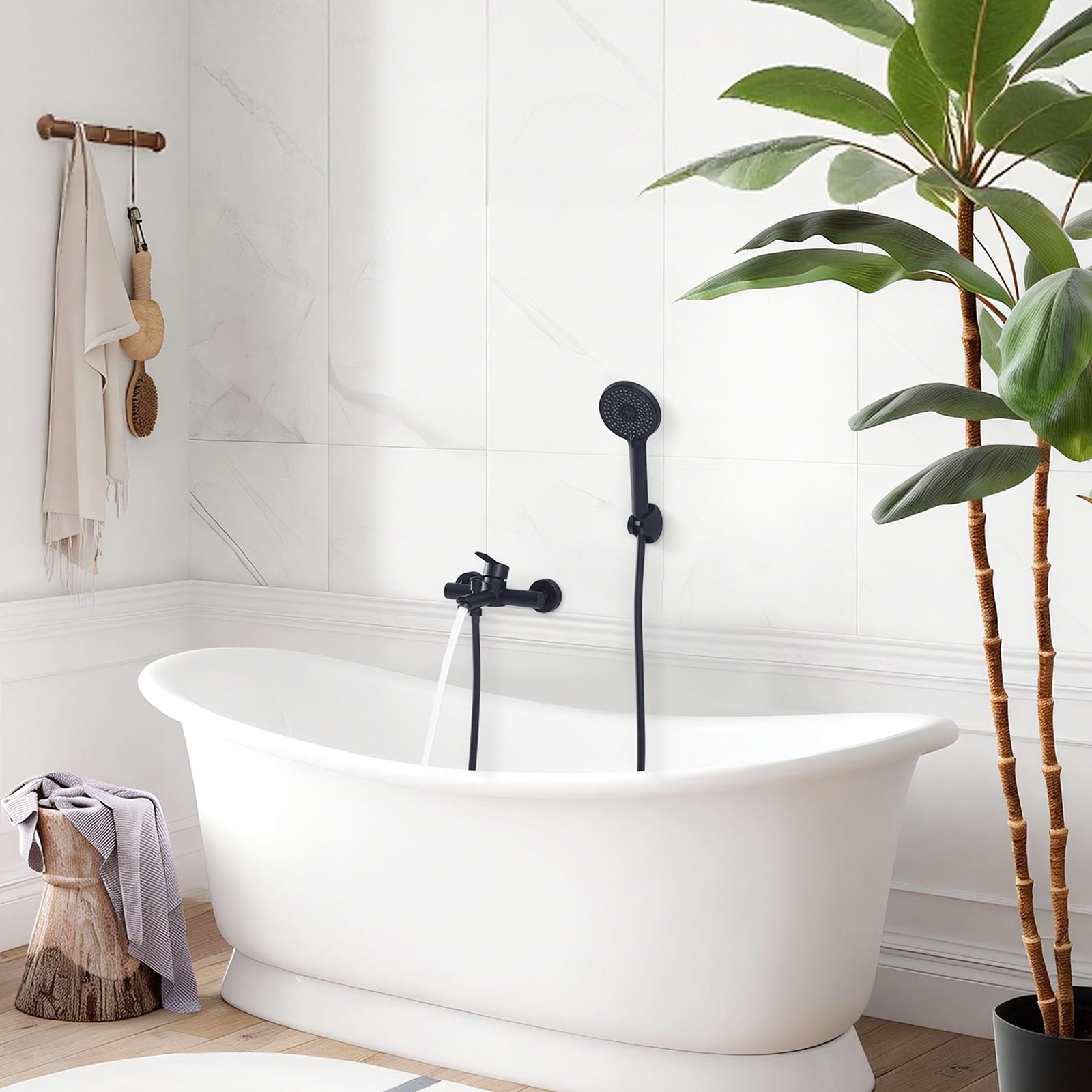 HOMELODY Badewannenarmatur Schwarz Matt Mischbatterie für Badewanne Wandmontage, 2 Ausgänge Einhebelmischer Duscharmatur mit Wanneneinlauf, Anschlussmaß 135–165 mm, ohne Handbrause/Schlauch