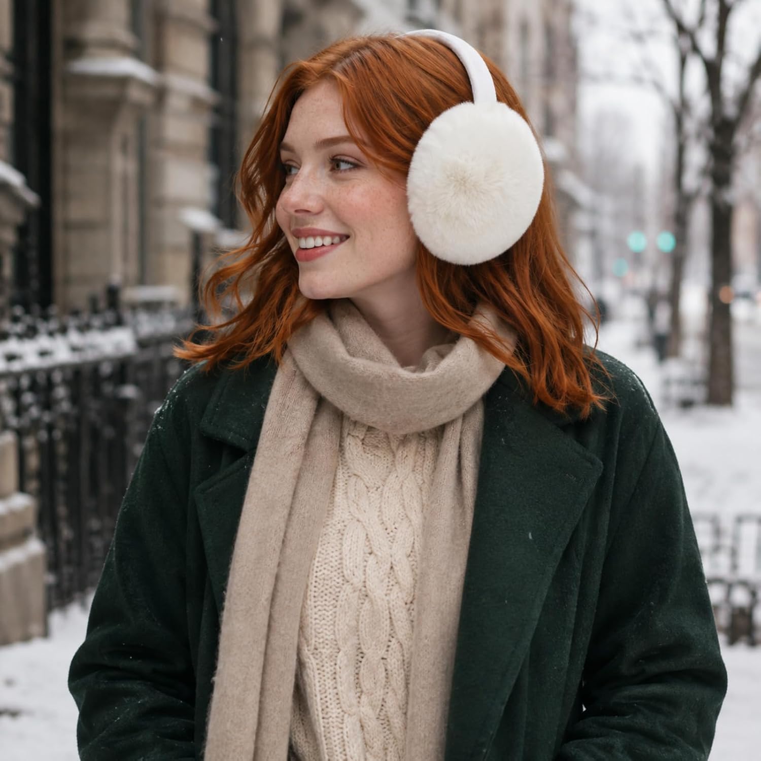 Ear Muffs for Winter Women Men, Adjustable Faux Fur Earmuffs, Fluffy Ear Warmers, Foldable Ear Warmer Earmuffs white