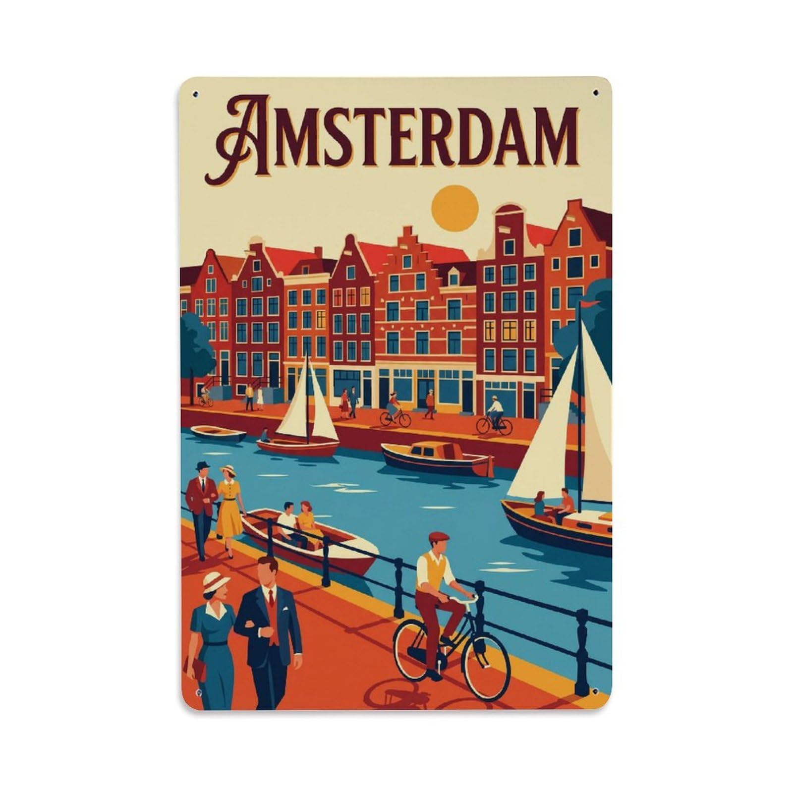 Canal Promenade Vintage Amsterdam Waterfront Tourism Metal Tin Sign Plaque Wall Decor for Cafe, Man Cave, Club Bar, Office, Home Garden Round Metal Poster 8x12Inch