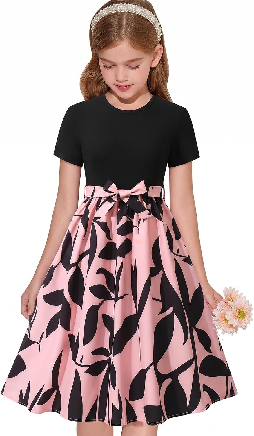 NEW 6-14 Years Girls Dress Short Sleeve Floral Print A-Line Bow Party Wedding Guest Church Midi Dress