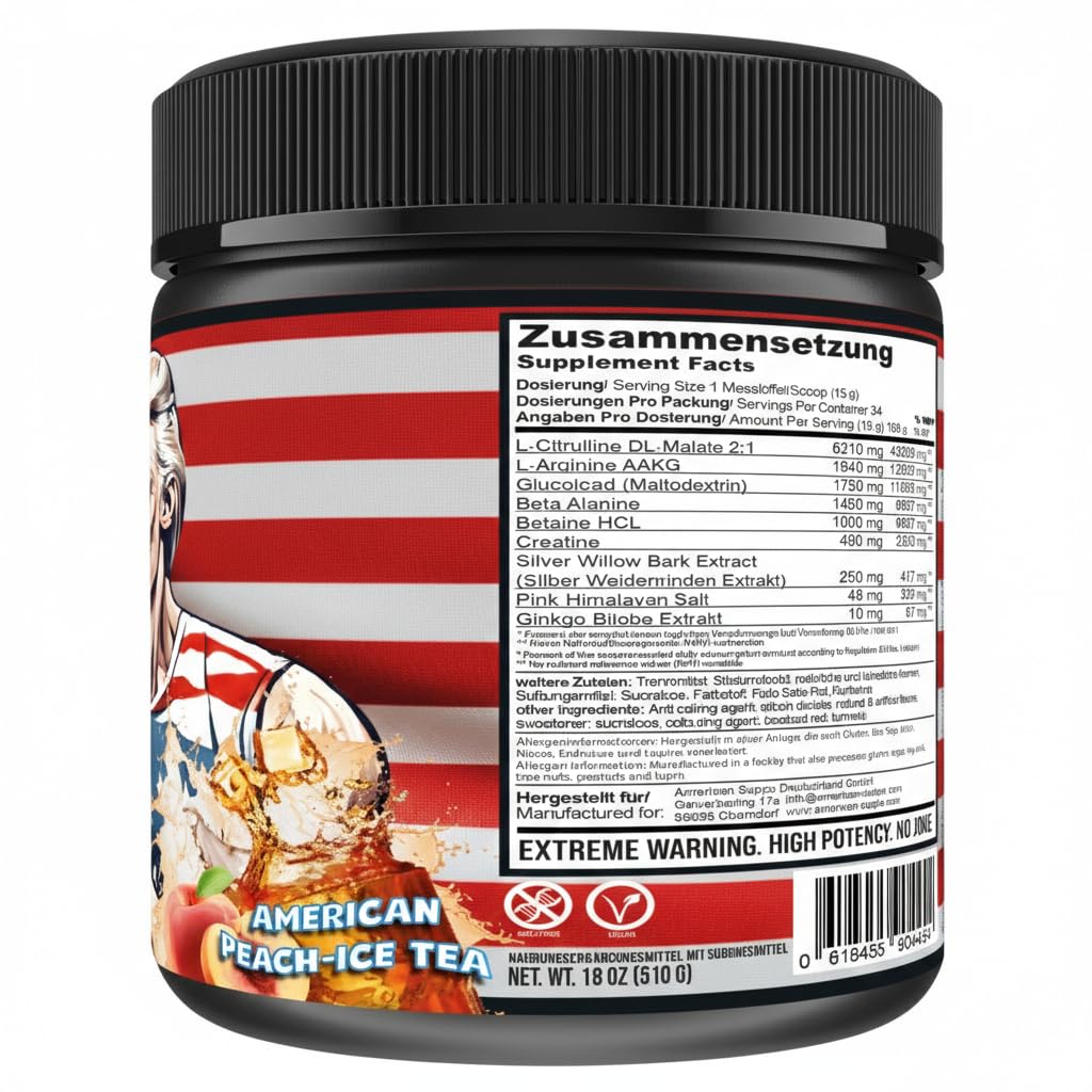 DONALD PUMP BOOSTER [510g] - MAKE YOUR PUMP GREAT AGAIN! L Citrullin Malat + Creatine + AAKG + Beta Alanin + Ginkgo Biloba (510g mit Shaker, Pfirsich Eistee)