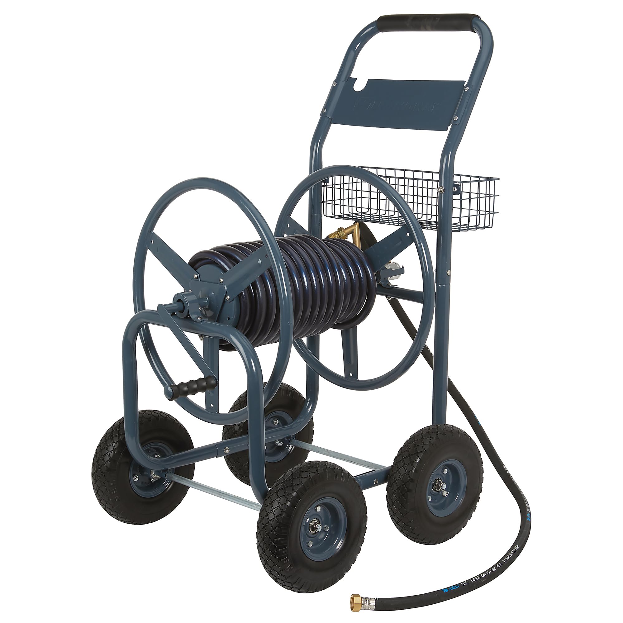 Strongway Garden Hose Reel Cart with a garden hose wound around the reel, showing its durable frame and flat-free tires.