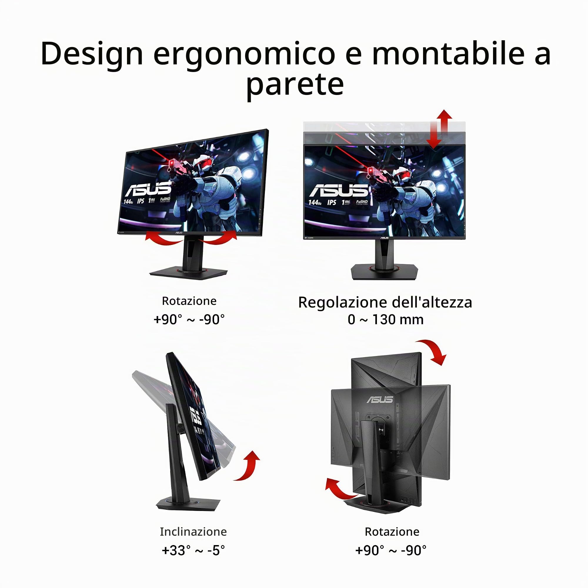 ASUS VG279Q 27'' FHD (1920 x 1080) Gaming Monitor, IPS, 144 Hz, 1 ms MPRT, DP, HDMI, DVI, FreeSync, Filtro Luce Blu, Flicker Free, Certificazione TUV