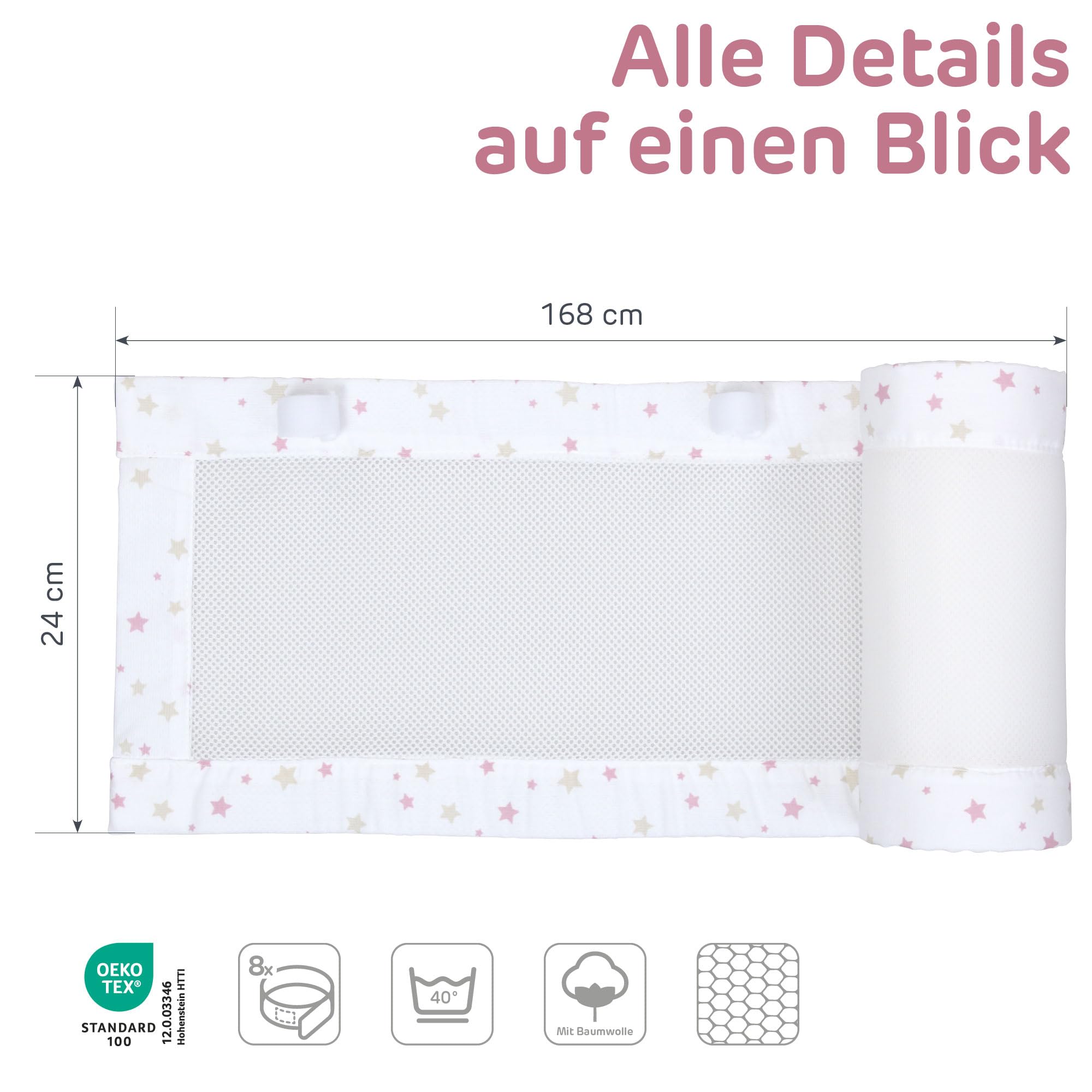 babybay Paracolpi in rete piqué 3D adatto per modello Maxi, Boxspring, Comfort e Comfort Plus, bianco mix stelle sabbia/bacche