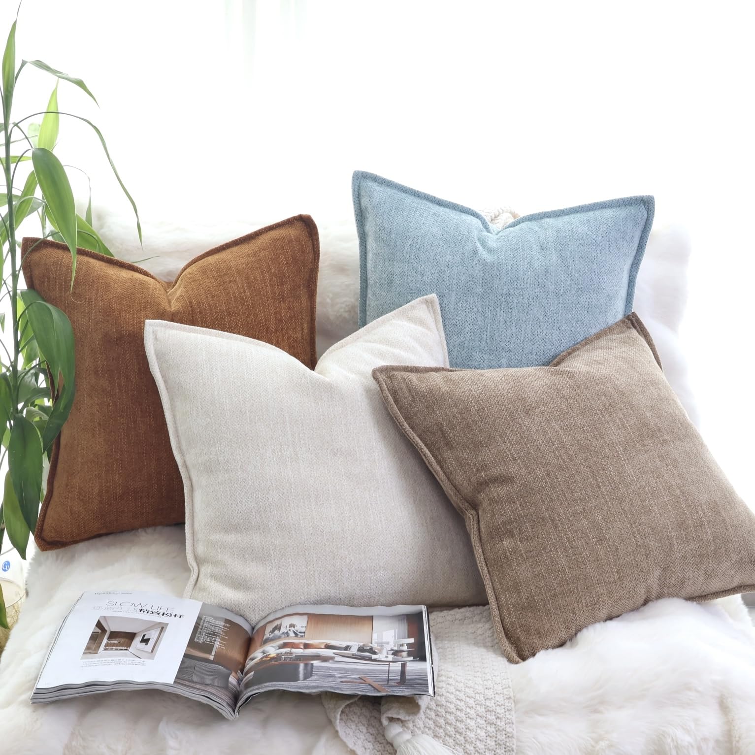Set di 2 federe decorative in velluto ciniglia morbido 45 x 45 cm, neutre, per divano, letto, decorazione d'interni, giallo minerale | Leroy Merlin