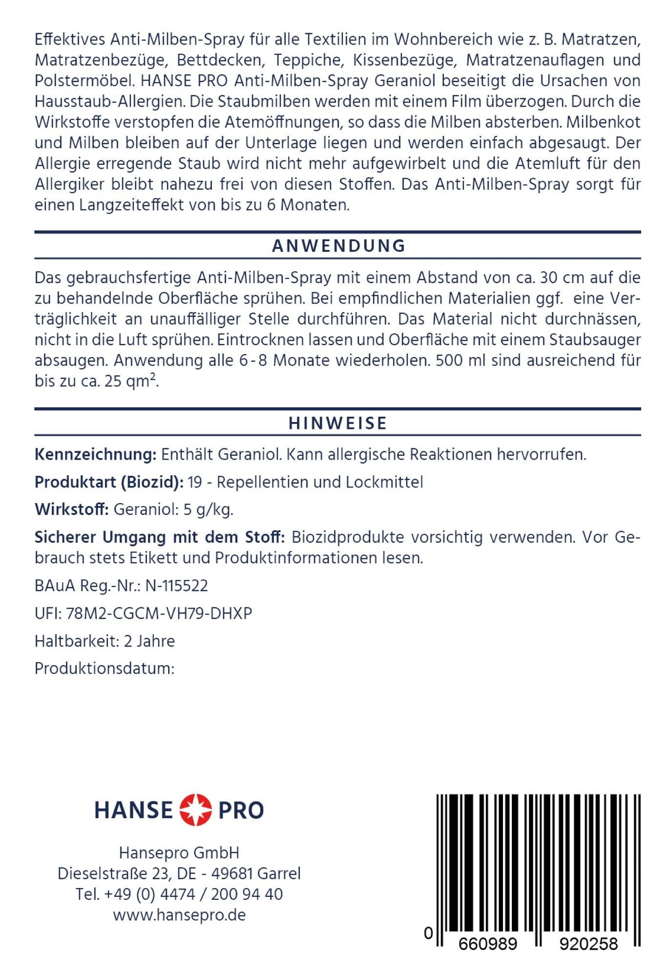 HANSE PRO Geraniol Anti-Milben-Spray I Hausstaub-Milben-Spray I Milbenschutz I Mittel gegen Bettwanzen & Milben I Hausstaubmilben-Allergie I Milben-Bekämpfung (4 x 500ml)