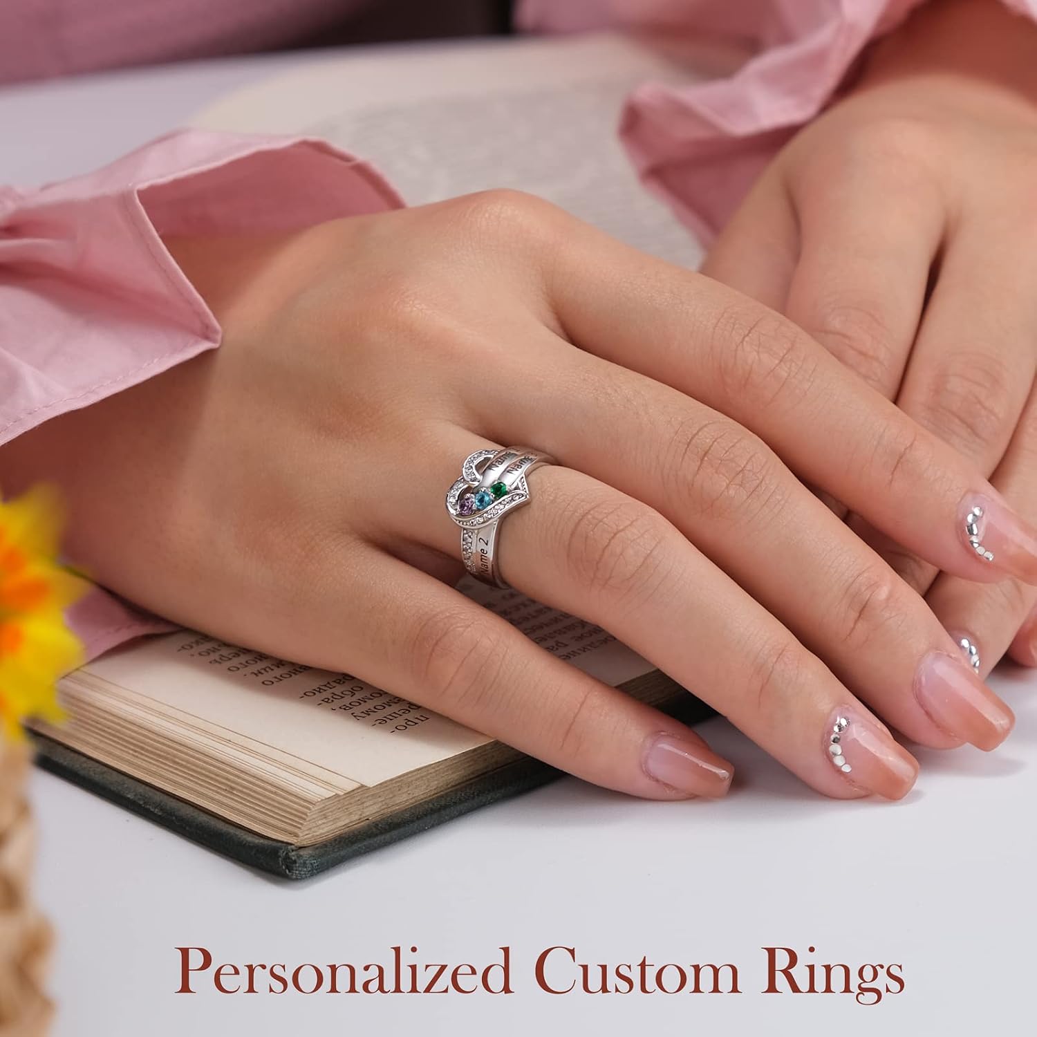 Personalized Names Anniversary Rings for Women Sterling Silver Jewelry with 1-8 Simulated Birthstones Promise Ring for Her Grandma Mom Nana