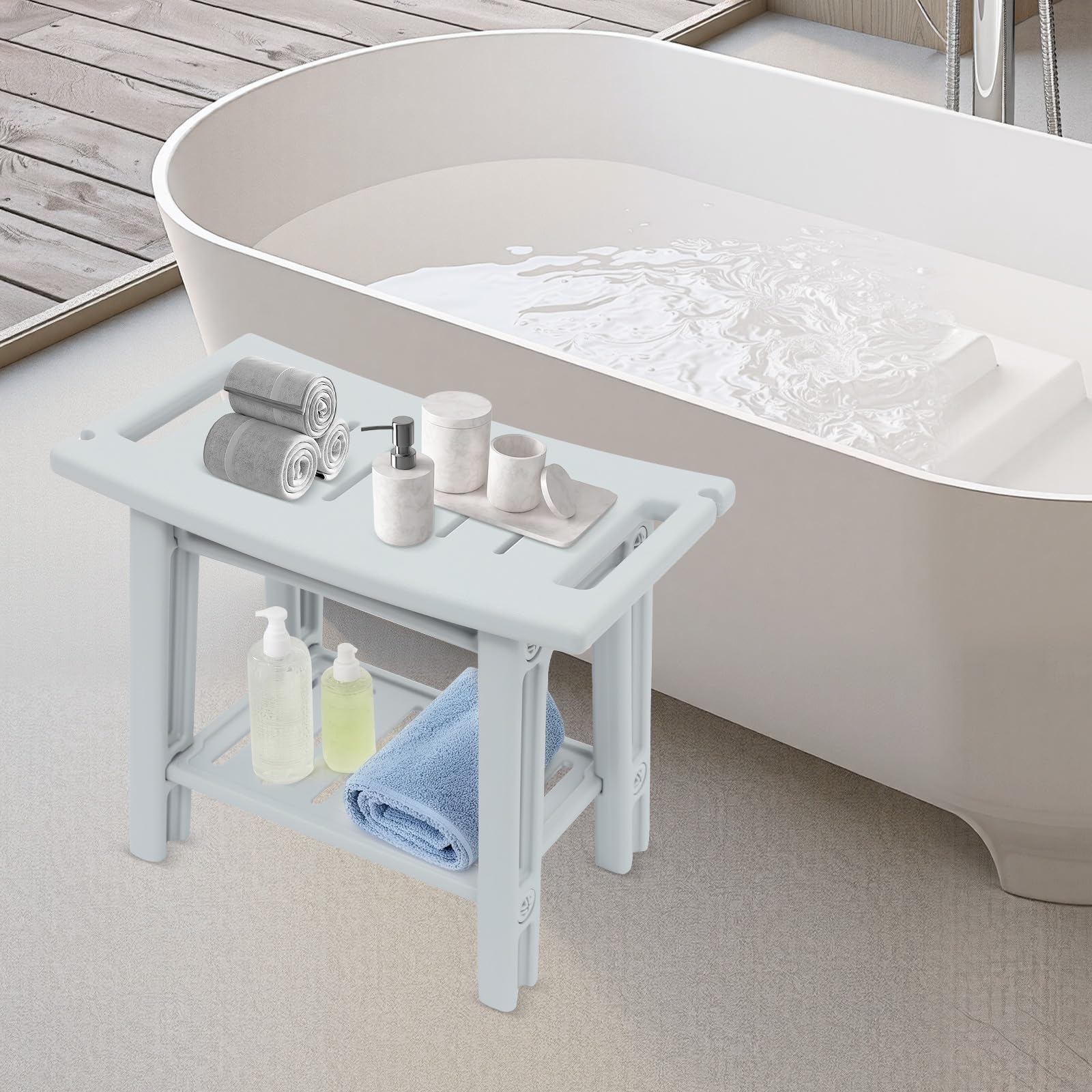 Taburete de ducha con estante, silla de ducha para personas mayores, soporta 70 kg, antideslizante, estable y cómodo, taburete de baño ligero, 56 x 32 x 46 cm, gris