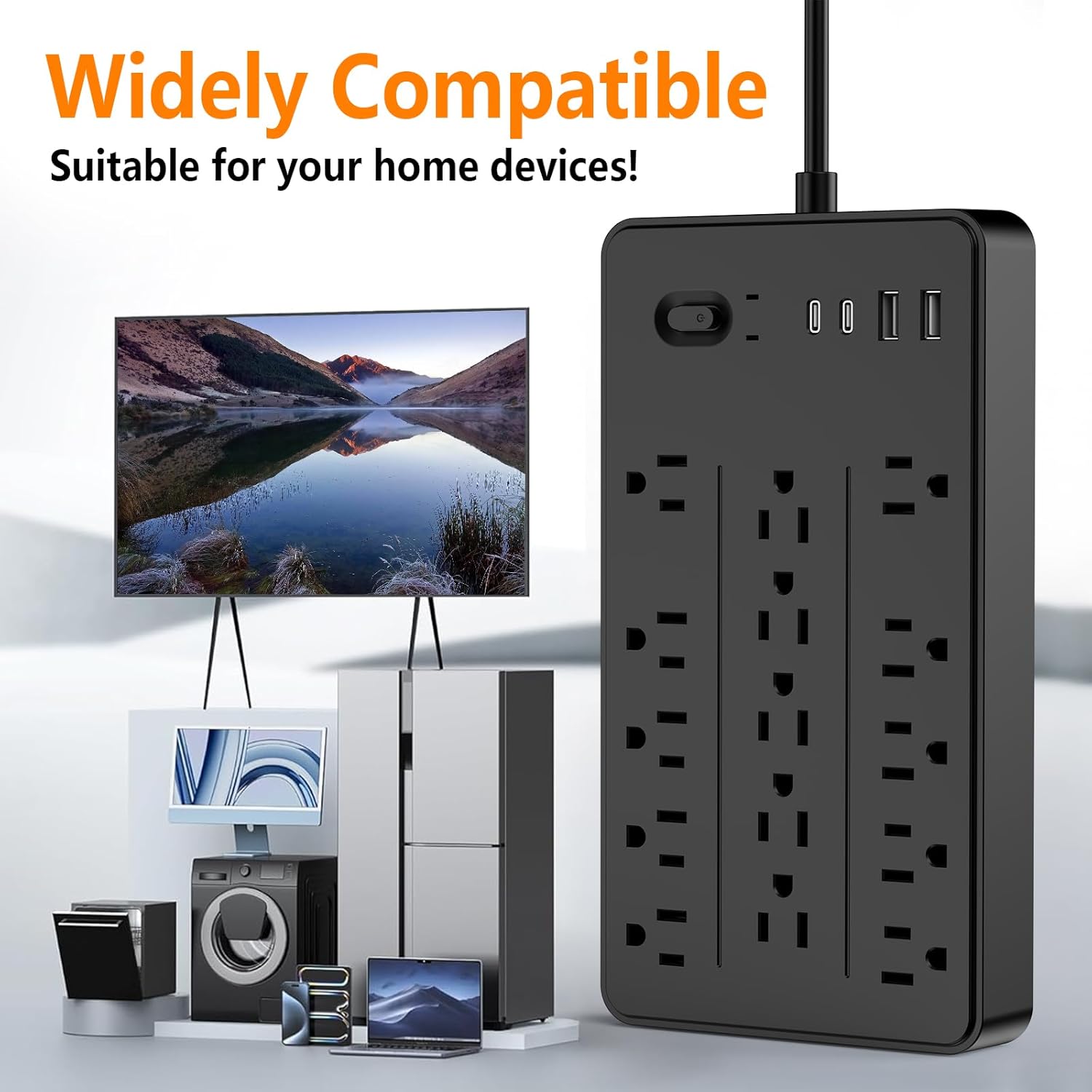 Surge Protector Power Strip with 15 Outlets 4 USB Ports for 20W, 6.5 Feet Flat Plug Extension Cord with Multiple Outlets, Power Strips with Surge Protection 2700J for Indoor Home Office Supplie, Black