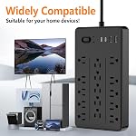 Barre d'alimentation du protecteur de surpression avec 15 Sorties 4 USB Ports pour 20W, Cordon d'extension de prise plat avec sorties multiples, 5 ft sortie de prise multi, 2700J Protection contre les surpressions pour le bureau intérieur Supplie, Noir