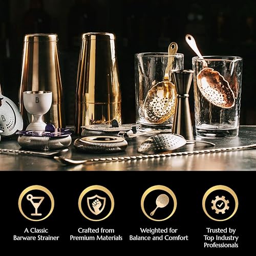 Miniatura 3 de Bull in China Colador Julep con mango - 100% latón | Tamiz de mano de barra | Colador de cóctel | Colador para bartending Latón sólido,Acero