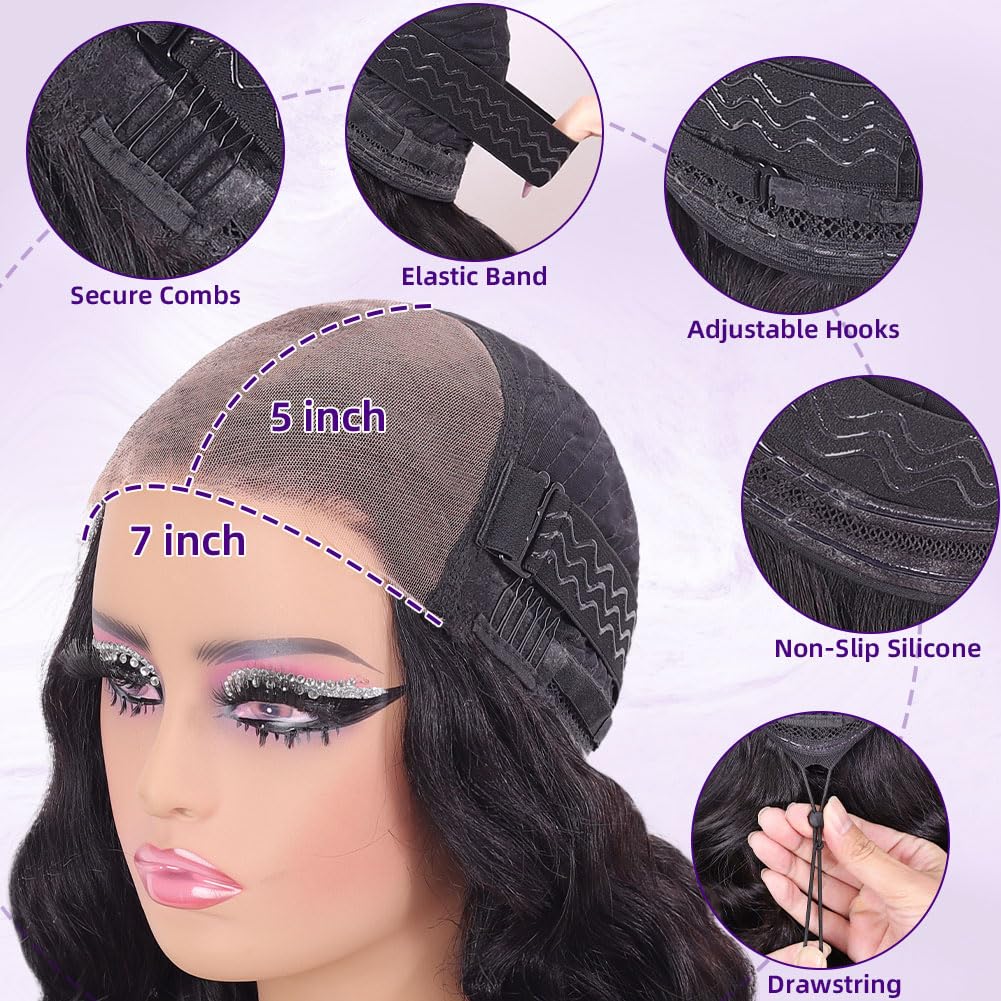 Glueless Drawstring Body Wave Bob Wig Human Hair 7x5 HD Lace Closure Wig Pre Plucked Pre Bleached Pre Cut Wear and Go Wigs for Black Women Pre Everything 200 Density 14 Inch Body Wave Bob
