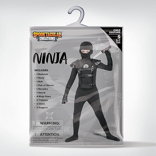 Miniatura 6 de Spooktacular Creations Disfraz de ninja para niños, disfraz de ninja negro de lujo para niños, disfraz de Halloween para niños (talla L de 10 a 12