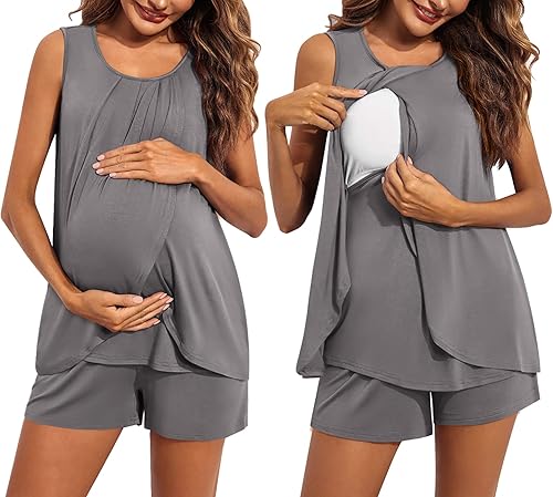 Ekouaer Conjunto de pijama de lactancia para mujer, ropa de dormir de doble capa, sin mangas, top y pantalones cortos, pijamas de embarazo