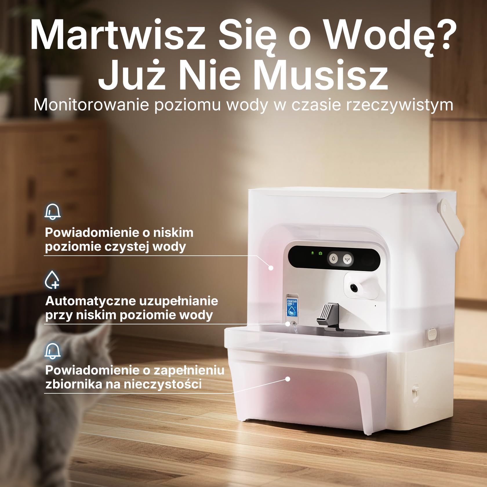 PETKIT EVERSWEET ULTRA Fontanna dla Kota bez Filtra, z Kamerą AI, Oddzielanie Czystej i Brudnej Wody, Automatyczne Poidło dla Kotów o Pojemności 5L, Sterowanie Przez App, Taca ze stali nierdzewnej