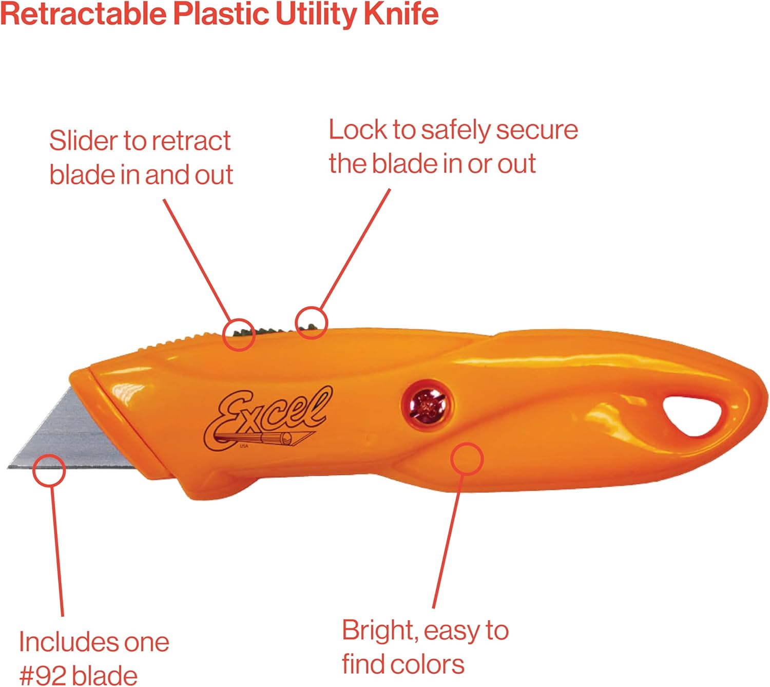 Excel Blades Bulk Box Cutters 25-Pack, Retractable Utility Knife Set with Safety Lock, #92 Carbon Steel Blades – Box Cutter for Boxes – Work Knife for Home, Office & Warehouse – Assorted Colors
