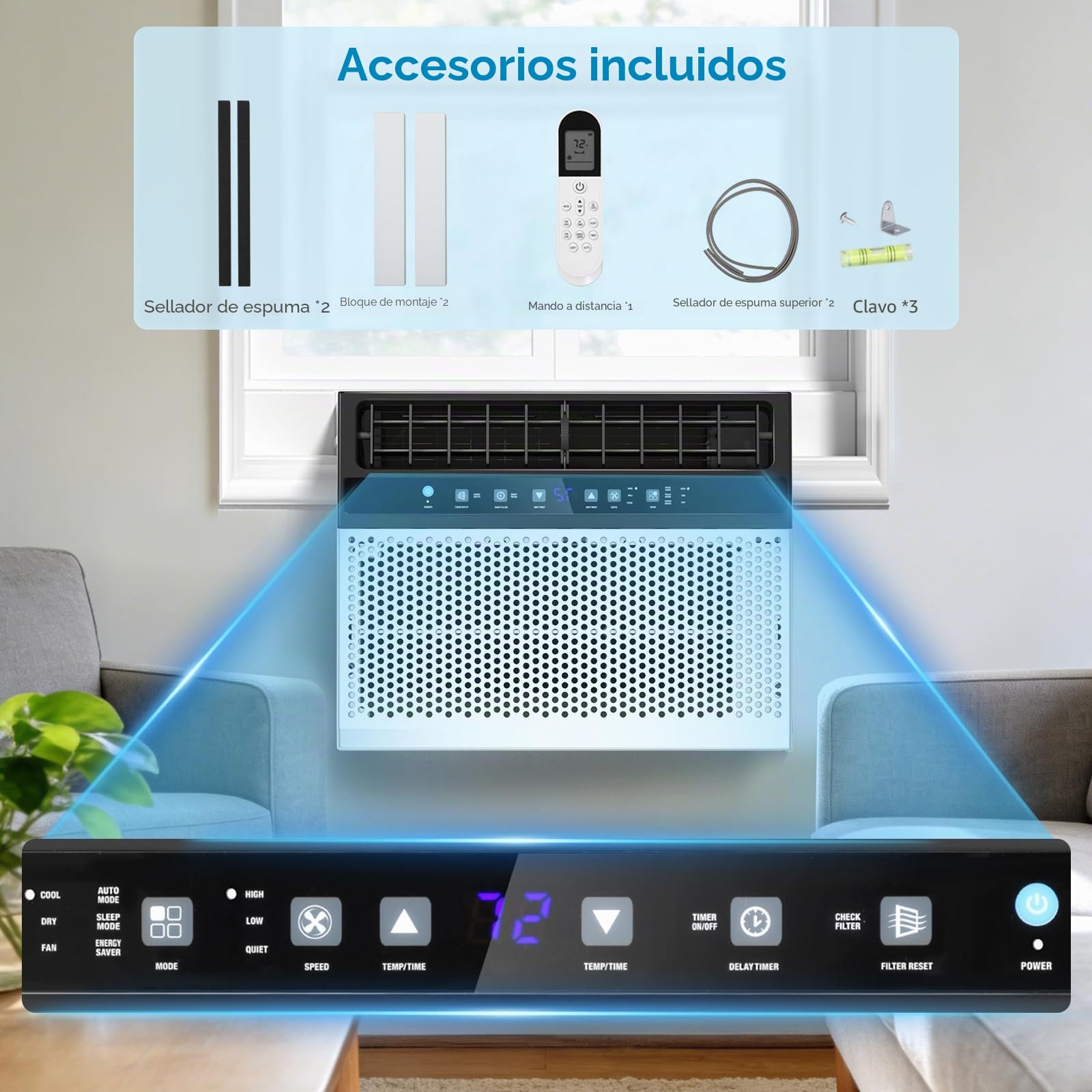Electactic Aire acondicionado de ventana en forma de U, 12000 BTU, enfriamiento de unidad de ventana de CA de 550 m², aire acondicionado de ahorro de energía con vista de ventana completa, 6 modos