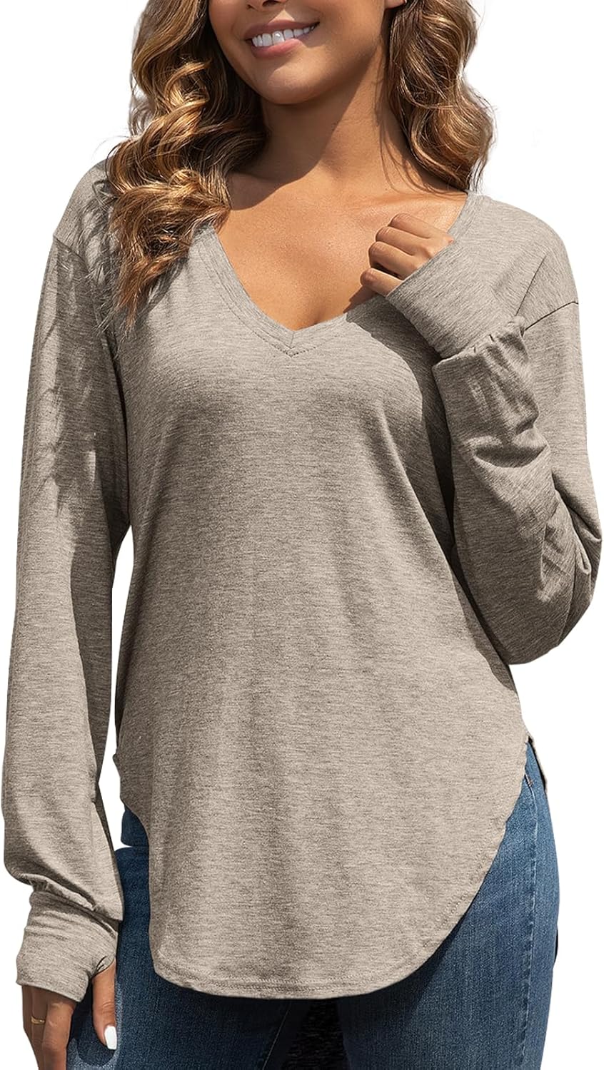 Womens Deep V Neck Long Sleeve Tops Loose Fit Oversized T Shirt Side Slit High Low Tunic Tops with Thumb Hole - Image 2