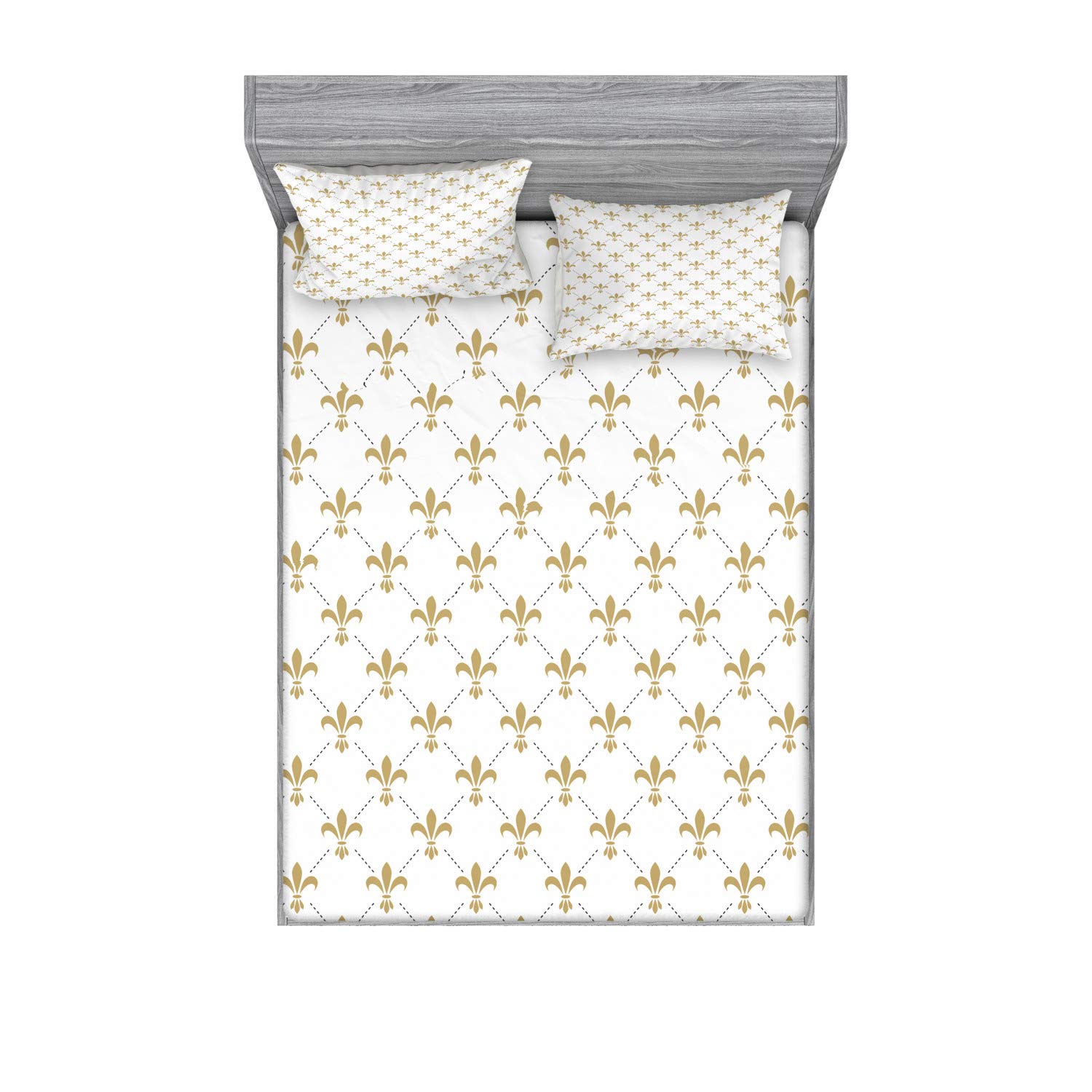 Ambesonne Fleur De Lis Fitted Sheet & Pillow Sham Set, Repeated Abstract Floral Old Antique Royal Forms in Checkered Effect, Decorative Printed 3 Piece Bedding Decor Set, Full, Yellow and White