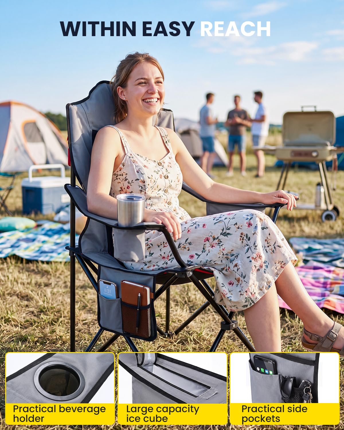 YEAUPE PRO Campingstuhl Faltbar Bequem Gepolster 2er Set, 150 KG Belastbar | Luxus Camping Stuhl mit Hochlehner, Breiter Sitz | Angelstuhl, Karpfenstuhl, Klappstuhl Camping Chair, XL