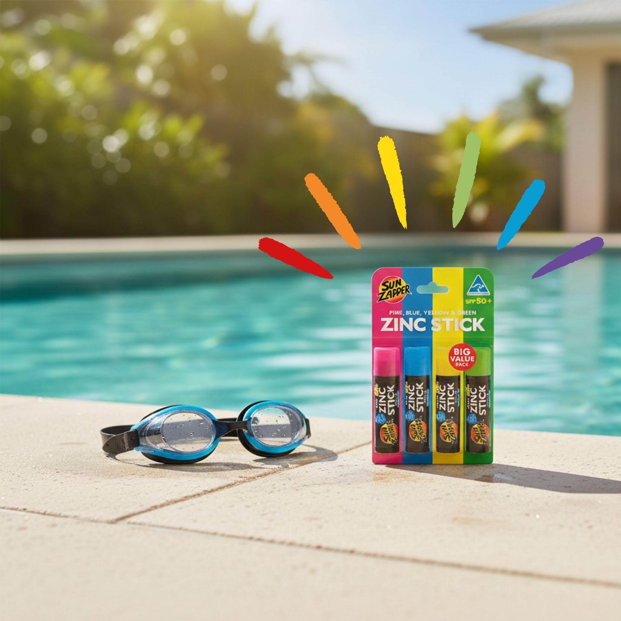 Sun Zapper Crema solare per bambini in zinco – Rainbow Pack (rosa, blu, verde, giallo) – Protezione solare molto elevata SPF50+ UVA/UVB+ Sun Zapper crema solare per bambini e adulti