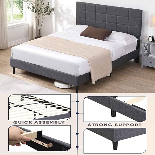 Miniatura 4 de Base de cama Queen con cabecera de tela, marco de cama tapizado, marco de cama resistente con soporte de listones de madera, base de colchón, no