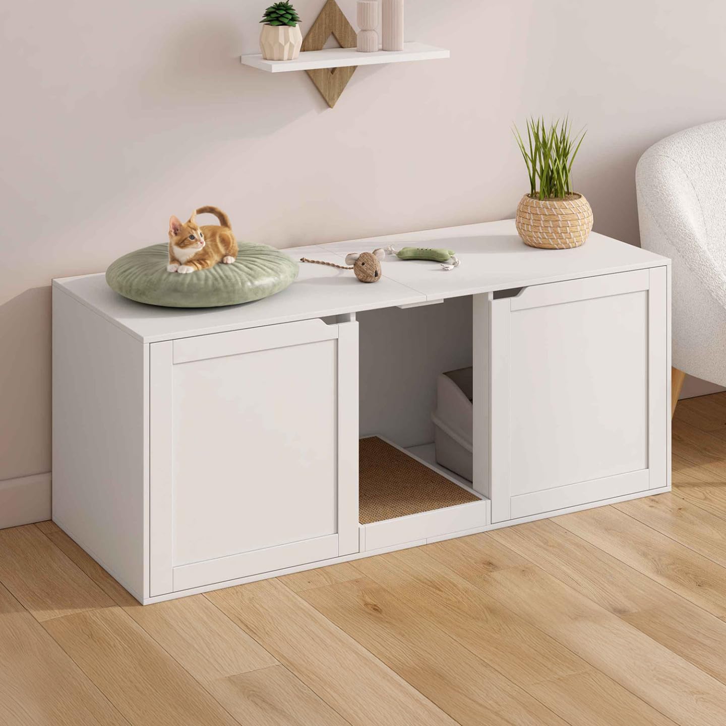 IDMarket - Maison de Toilette Chat XL Cache-litière 2 Portes et griffoir Bois Blanc
