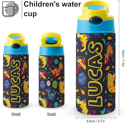 Miniatura 2 de Artsadd Botella de agua personalizada de dinosaurio para niños, botella de agua con nombre personalizado con pajita, regalo personalizado para niños