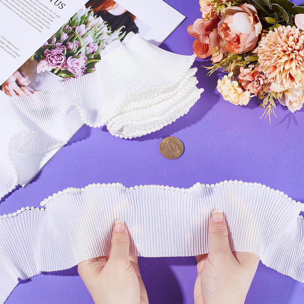 GORGECRAFT 5M 73mm White Pearl Trim Organza Lace Ribbon Ruffle Chiffon Pleated Edge Satin Gathered Edging Trimmings Tulle Fabric for Cloth Wedding Dress Applique Embellishment Diy Sewing Craft - Image 3