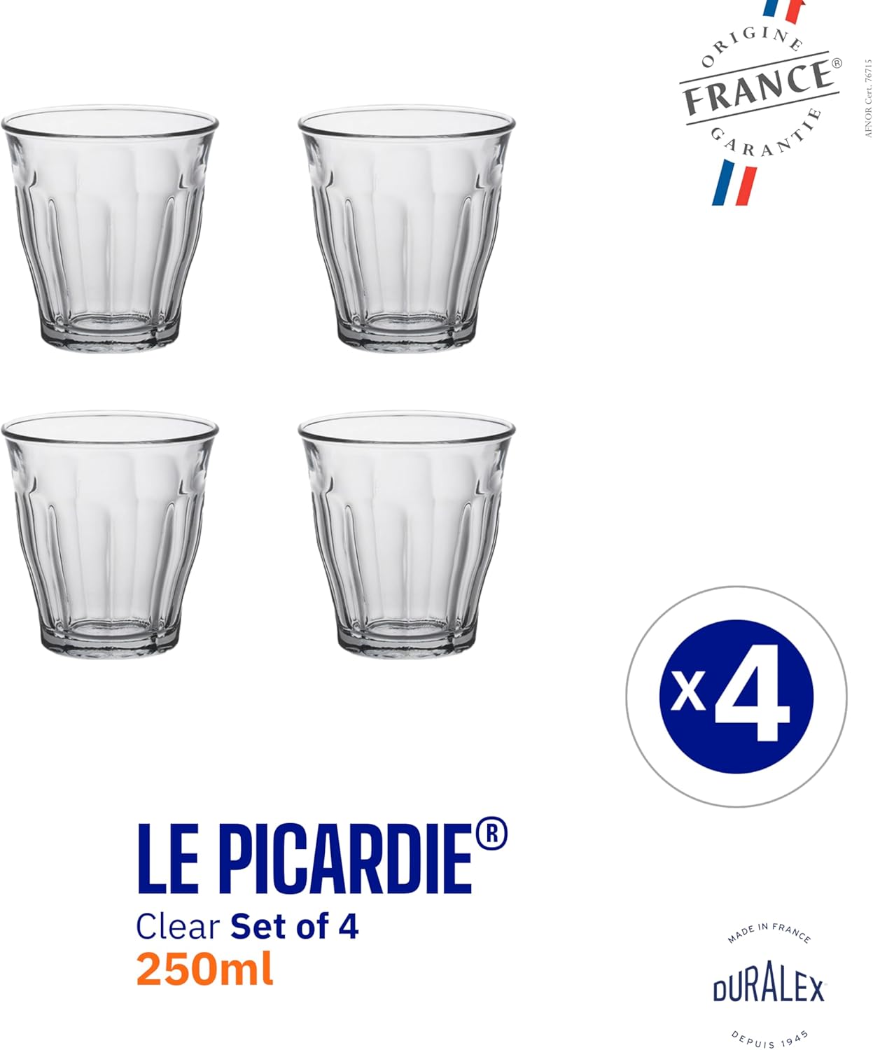 Duralex Picardie 1027AC04 Set of 4 Transparent Glass Tumblers, 25 cl