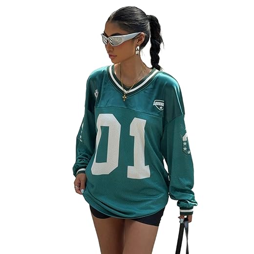 Floerns jersey shirts for women letter print mesh y2k top long sleeve soccer t-shirt