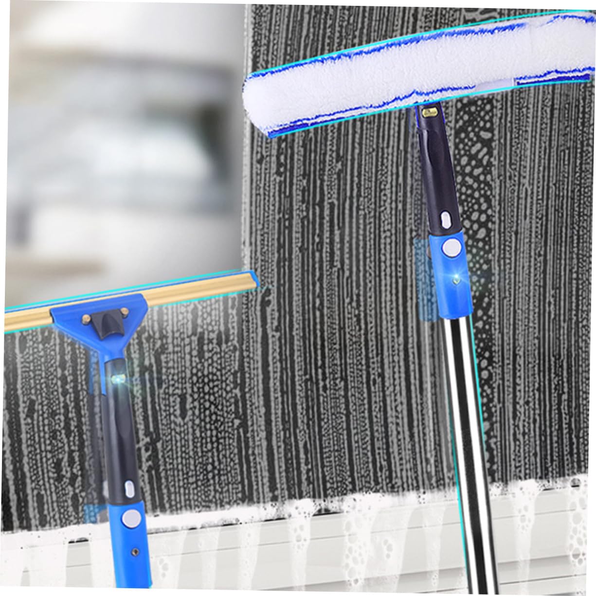 Mikinona 1 Juego Limpiacristales con Mango Extensible y Paño de Microfibra Kit para Limpieza de Ventanas Puertas Correderas y Cristales de Ducha Herramienta Práctica y Ligera para Hogar