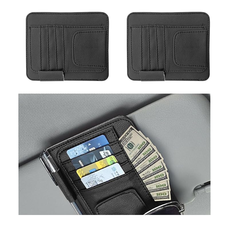 Organizador para Para-Sol Automotivo Augeny em Couro PU Preto, com Porta-Documentos e Bolsos, Kit com 2 unidades
