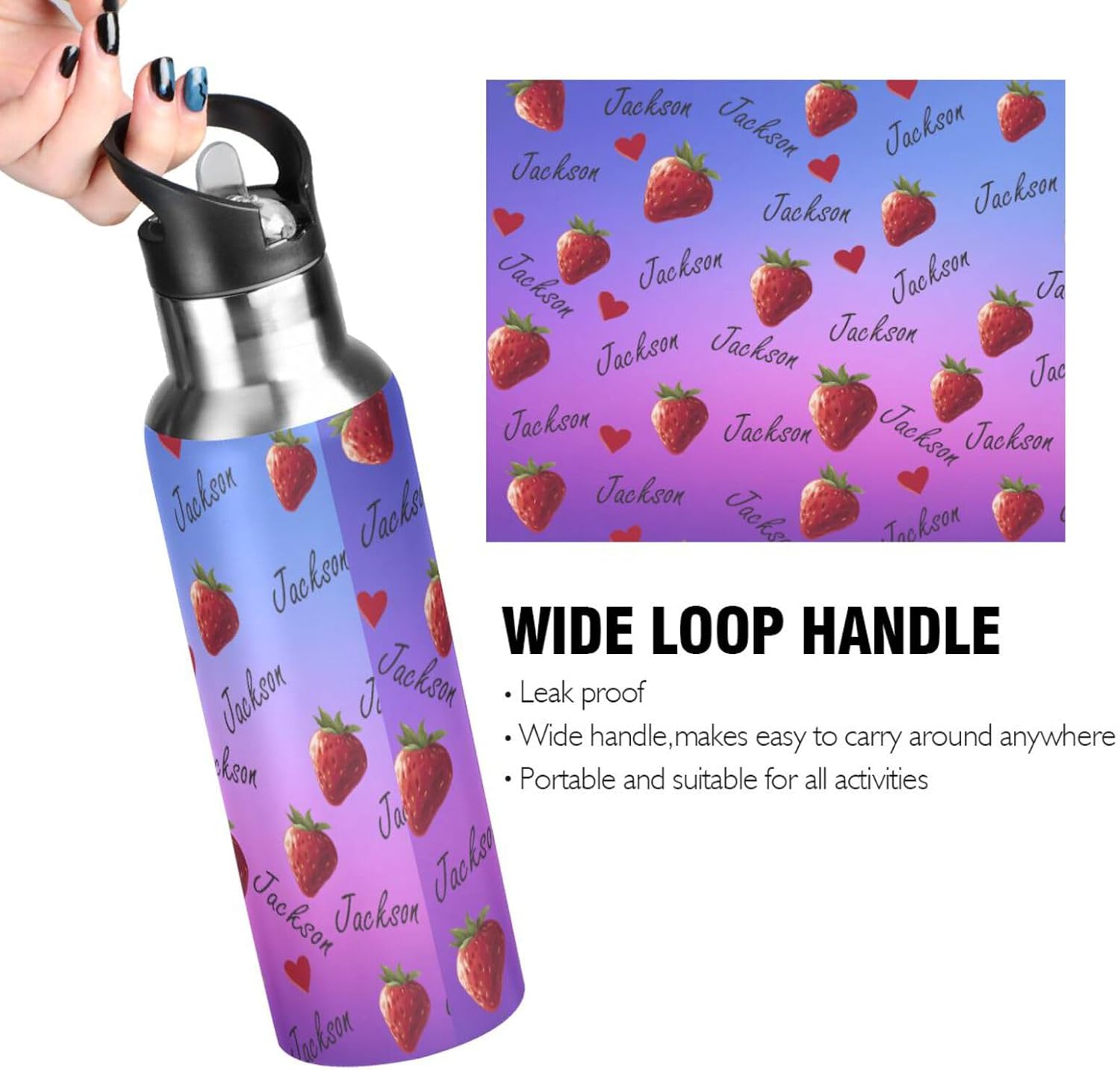 Purple Gradient Water Bottle with Straw Lid Double Wall Strawberry Custom Bottle Vacuum Insulated Flask Stainless Steel Water Bottle for Gym Outdoor 20 OZ - Image 4