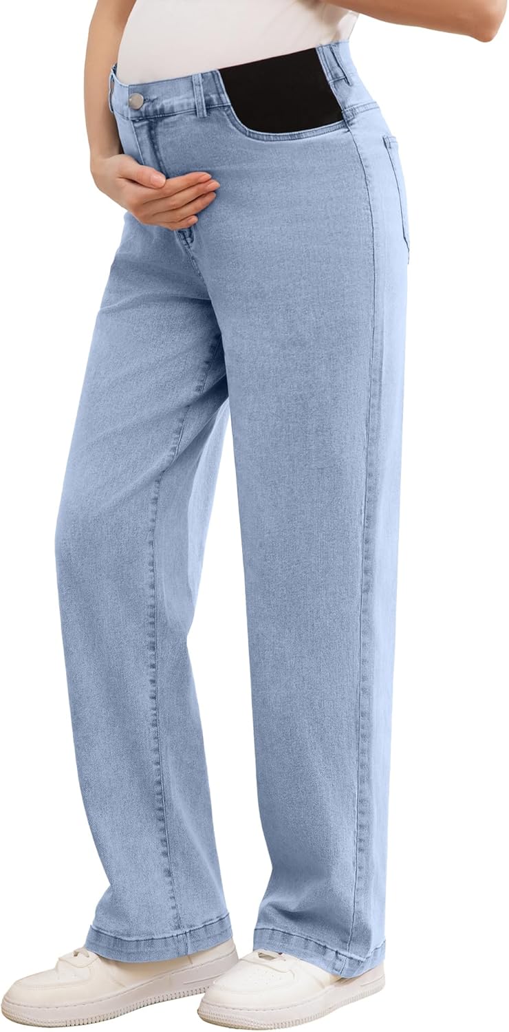 Women's Maternity Jeans Mid-Rise Straight Leg Relaxed Fit Denim Pants for Pregnancy and Postpartum